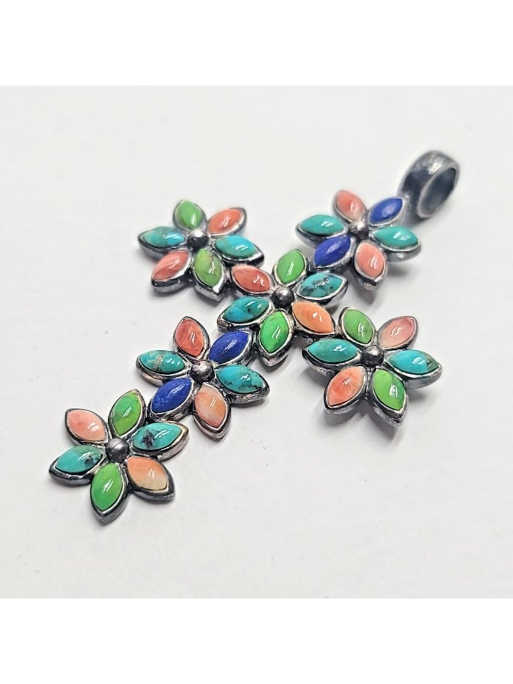 Vintage Sterling Silver Turquoise Lapis Spiny Oyster Floral Cross Pendant ,TH SU